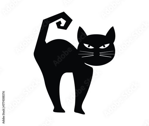 Stylized black cat with arched back and curled tail isolated on a white background 