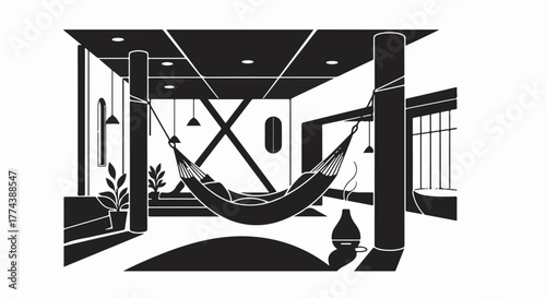 Relaxing person resting in a hammock in a modern, minimalist living room.