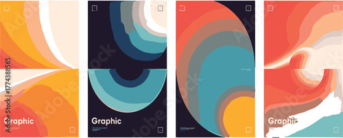 Four abstract graphic design posters with organic shapes and warm color palettes Keywords: abstract, graphic, design, poster, art, organic, shape