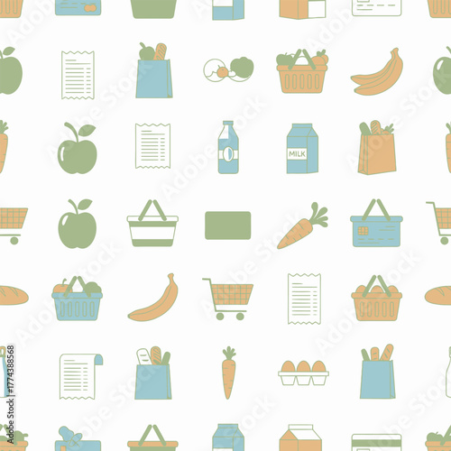 Grocery shopping pattern with various food items and shopping baskets.