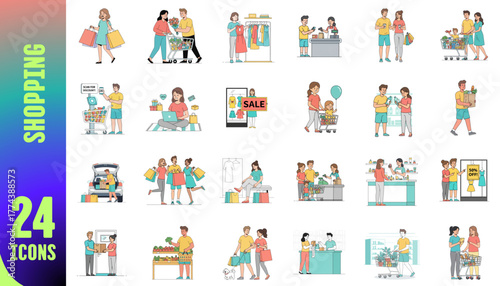 Shopping icons featuring people interacting in various retail scenarios  