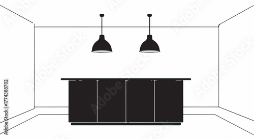 Modern black bar counter with hanging pendant lights in an empty minimalist room