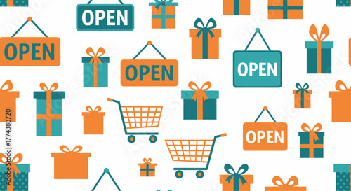 Seamless pattern of shopping carts and open signs with gift boxes.