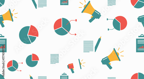 Marketing and Analytics Seamless Pattern with Pie Charts and Megaphones.