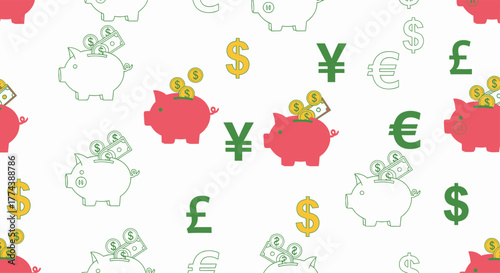 Piggy Banks and Currency Symbols Financial Savings Pattern.