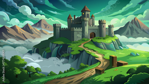 Realistic detailed vector of an ancient stone castle on a green hilltop surrounded by mist, cloudy dramatic sky, moss-covered walls, old wooden gate, calm nostalgic medieval atmosphere