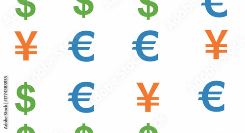 Seamless pattern of international currency symbols including dollar euro yen.