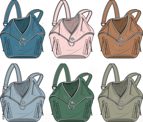 Illustrative collection of modern backpack designs in an array of colors, showcasing versatile fashion accessories for everyday style and practical use