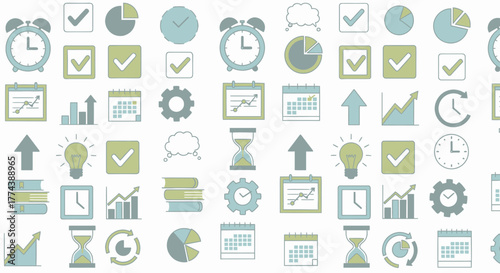 Collection of Business and Finance Icons Representing Time Management and Productivity.