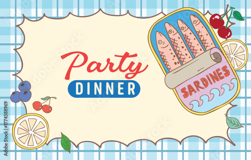 Vintage pastel open canned sardine,lemon,cherry on blue gingham background in retro cartoon vector illustration style for summer party design