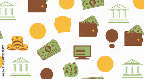 Financial elements pattern representing banking and monetary transactions and wealth.