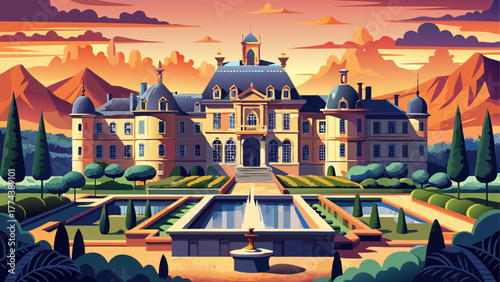 Detailed vector of a French chateau with marble balconies, golden sunset reflection on windows, surrounded by gardens and fountains, calm nostalgic countryside ambiance, old European luxury