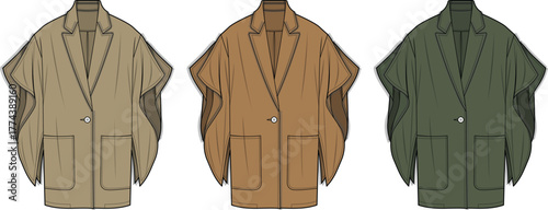 Fashion design template showing a stylish oversized cape jacket with patch pockets. Vector apparel flat sketch shown in multiple colorways for collection