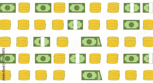 Seamless pattern of cartoon dollar bills and gold coins.