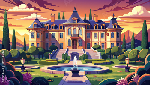 Detailed vector of a French chateau with marble balconies, golden sunset reflection on windows, surrounded by gardens and fountains, calm nostalgic countryside ambiance, old European luxury