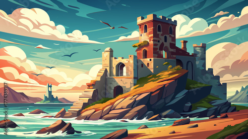 Highly detailed vector of a ruined castle by the seaside cliffs, crashing ocean waves, cloudy sky, seagulls flying, ancient architecture with broken towers, mysterious nostalgic atmosphere