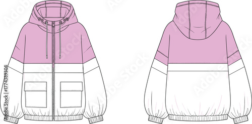 Trendy pink and white color block hooded jacket front and back view, fashionable casual outerwear design illustration for clothing catalog and fashion template
