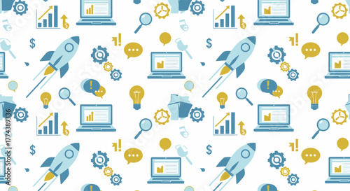 Startup Business Growth Rocket Launch Technology and Finance Icons Seamless Pattern.