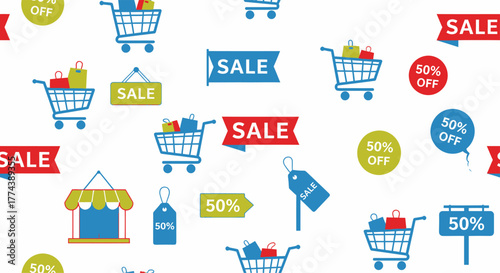 Shopping cart sale tags and discounts seamless pattern.