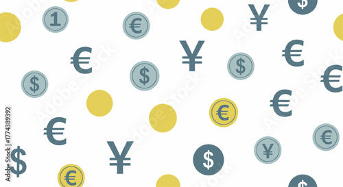 Currency Symbols - Euro, Dollar, Yen, and Coins Pattern.