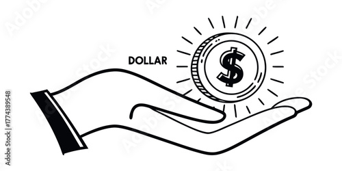 Hand Offering Dollar Coin Symbolizing Financial Success and Investment, Represents Giving, Wealth, and Prosperity with a Modern, Clean Aesthetic