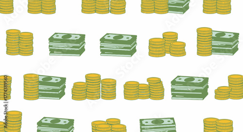 Stacks of gold coins and bundles of paper money arranged in a repeating pattern.