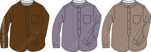 Fashion flat technical drawing of a men's mandarin collar long-sleeve shirt available in three different color variations