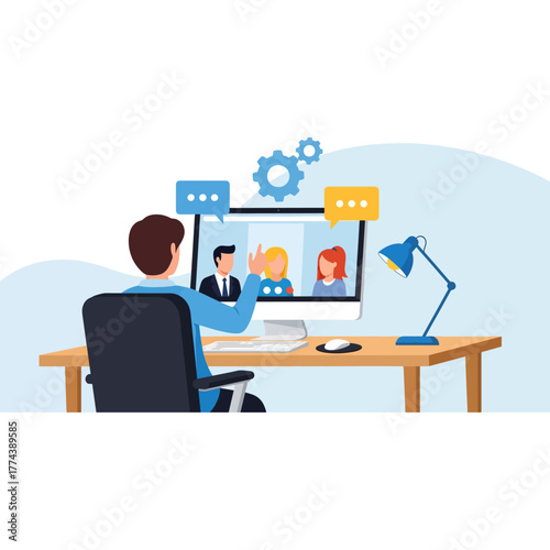Remote work concept, a person actively participating in a virtual business meeting via computer
