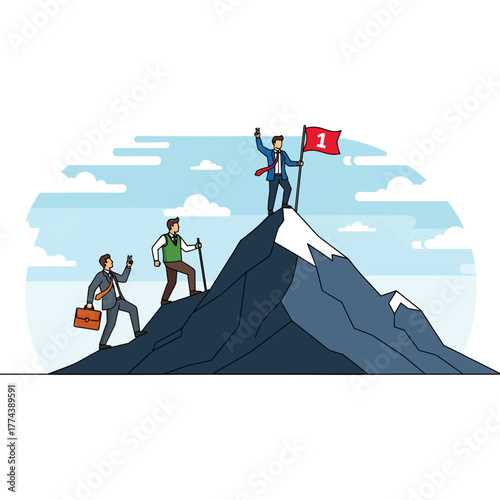 Team of business professionals ascending a tall mountain, one at the peak with a flag, symbolizing success.
