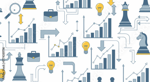 Business Strategy and Financial Growth Analysis with Chess Pieces and Charts.
