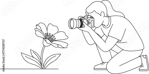 Line Art Illustration of Female Photographer Taking Picture of a Flower with DSLR Camera