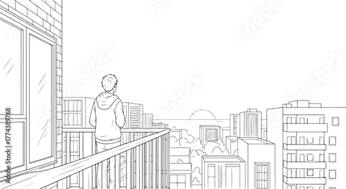 Person on Balcony Overlooking City Skyline at Sunrise Sunset - Line Art Coloring Page