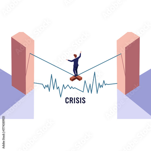 Professional navigating through a precarious business crisis, maintaining balance on a turbulent path