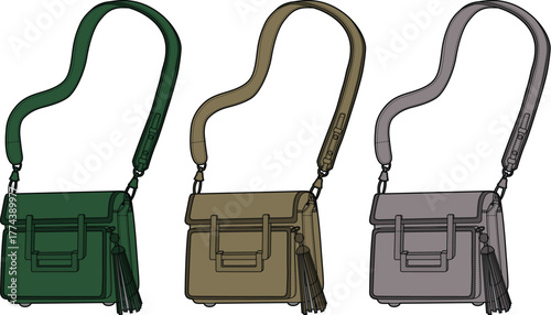 A sleek design concept for modern flap messenger bags, presented in an appealing trio of versatile color options, perfect for everyday style and practical use