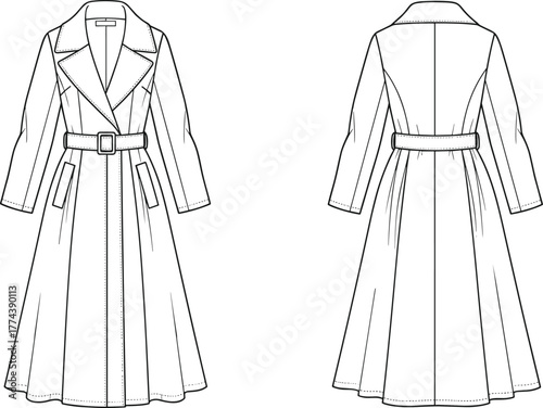 Women long trench coat flat sketch, belted overcoat with lapel collar and pockets, front and back fashion technical drawing illustration design