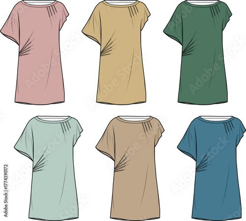 Collection of six draped tops in various colors and styles, showcasing fashion design sketches