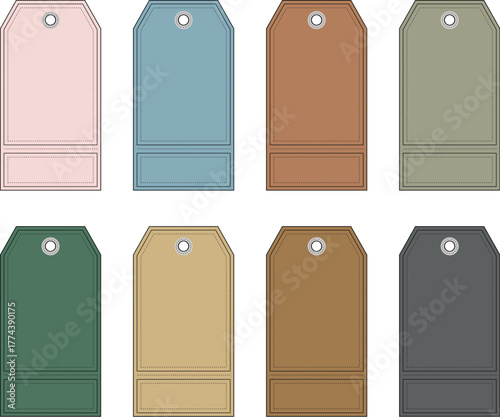 A collection of eight blank, rectangular price tags or labels in various earthy and pastel colors