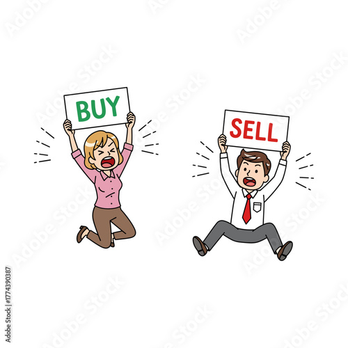 Excited investors holding 'BUY' and 'SELL' signs, representing stock market decisions and financial trading