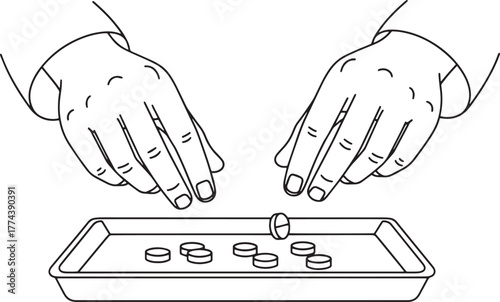 Hands Dispensing and Counting Medication Pills on Tray Line Art Illustration