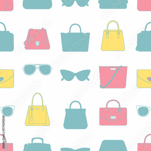 Stylish handbags and sunglasses pattern, fashion accessories design, elegant background.