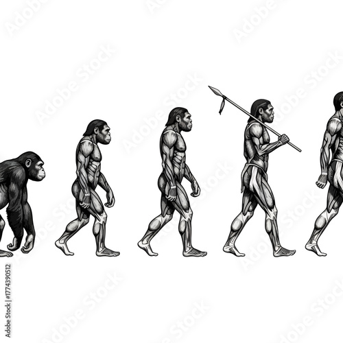 Human evolution progression illustration, stages of hominid development, ancient ancestors, scientific concept