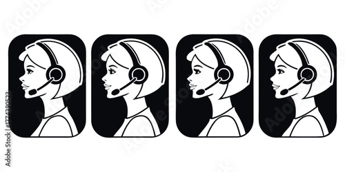 Professional call center icons, woman with headset ready to help, customer service support team, answering questions with a friendly face, communication