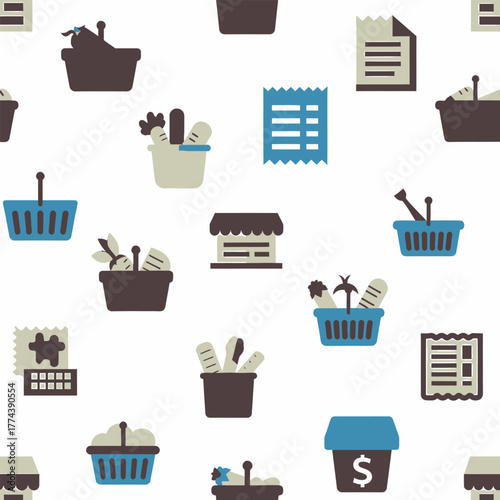 Seamless pattern of colorful shopping and retail icons.