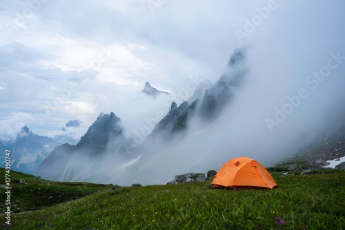 Camping in the mountains with fog and clouds in the background on a cloudy day trip