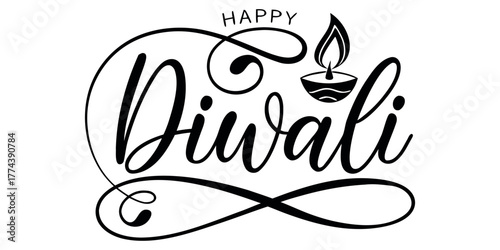 Celebrate Happy Diwali with this elegant script and diya illustration, perfect for festive cards, banners, and social media greetings that shine with joy