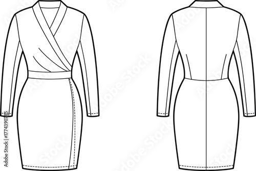 Wrap pencil dress flat sketch, front and back view, fashion illustration, long sleeve design, V-neckline, fitted silhouette, vector drawing, garment template