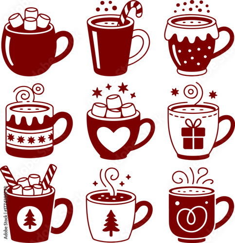 Hot cocoa mugs topped with marshmallows, vector illustration. Set of 9 icons with festive holiday beverage. Seasonal warm drink, Christmas coffee. Cozy winter drinks clipart