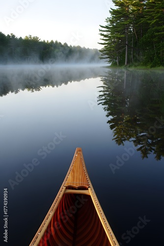 Canoeing on a misty lake at dawn offers a serene and peaceful experience in nature s embrace