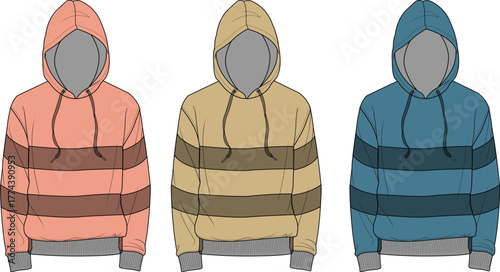 Set of three casual hooded sweatshirts in different colorways, featuring a classic design with horizontal stripes on the chest