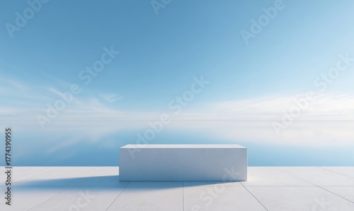 Elegant seaside product display, Premium product presentation on sunlit seaside terrace with tranquil ocean view and minimalistic design